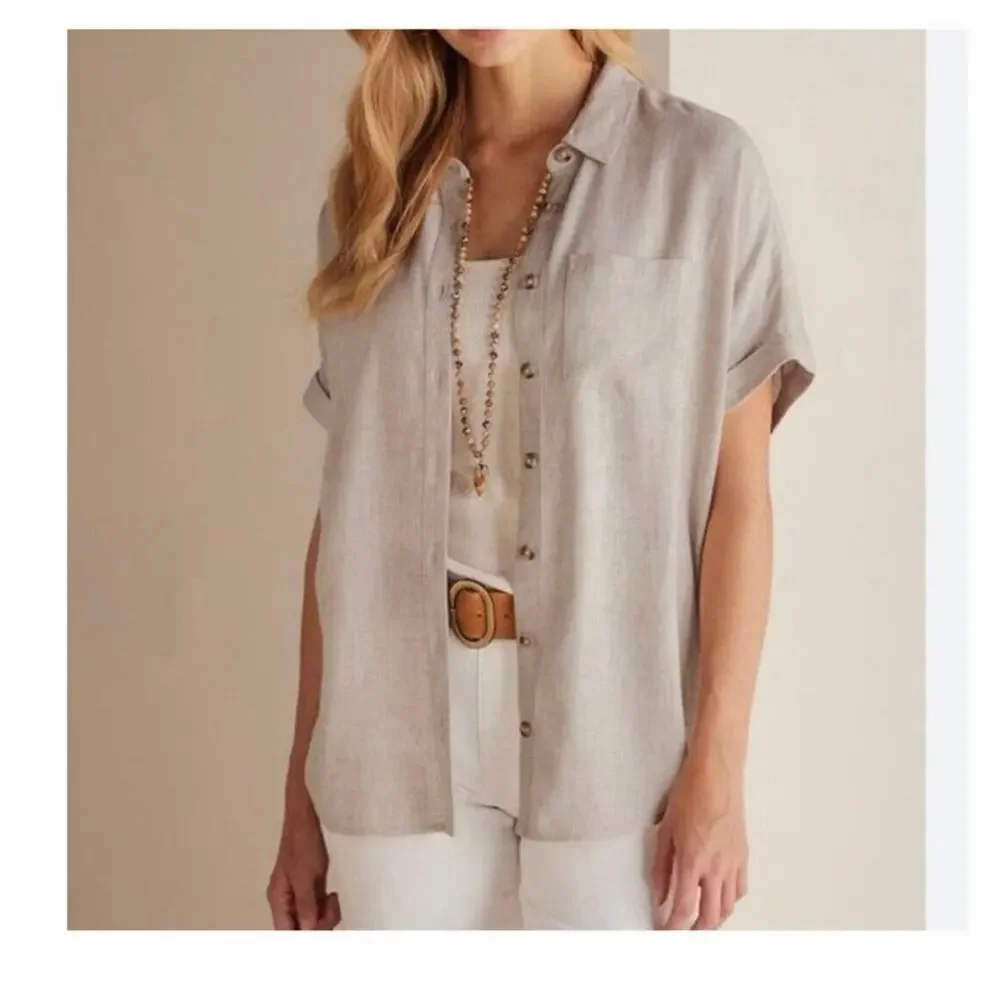 Soft Surroundings Linen Blend Blouse Beige size Medium - Picture 1 of 9